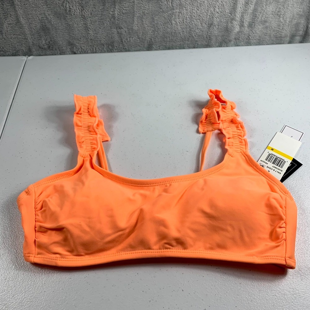 Salt & Cove Bikini Top Womens Medium Peach Ruffle Strap Tie Back Beach Swimwear‎